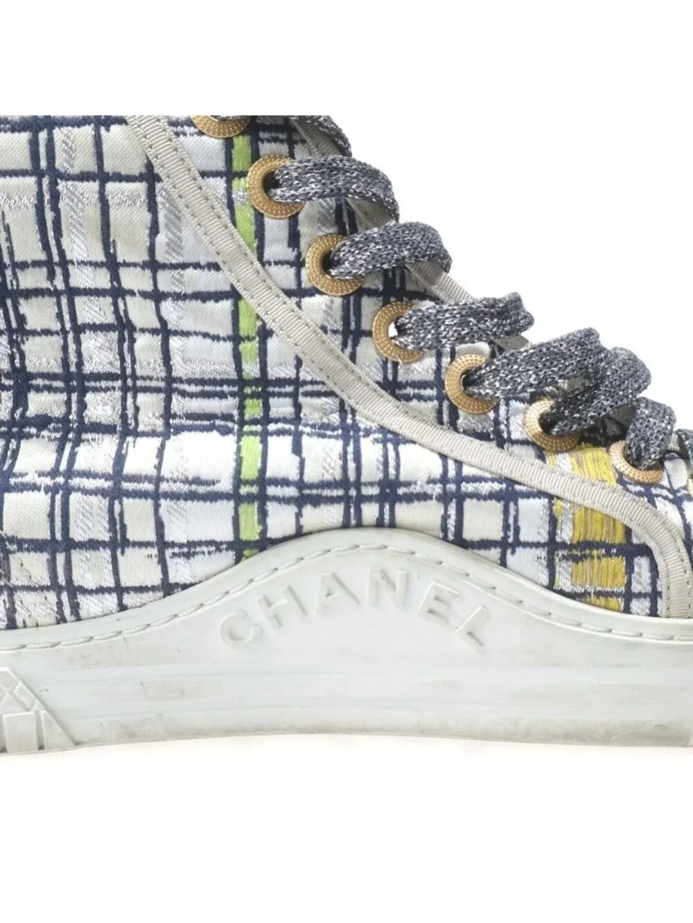 Chanel Tweed CC Logo High Cut Sneakers Silver
